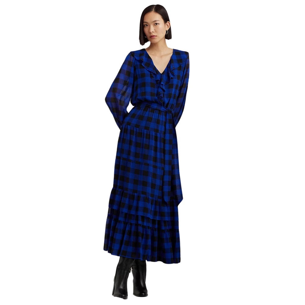 NWT Ralph Lauren Buffalo Check Ruffled Maxi Dress Blue 2P